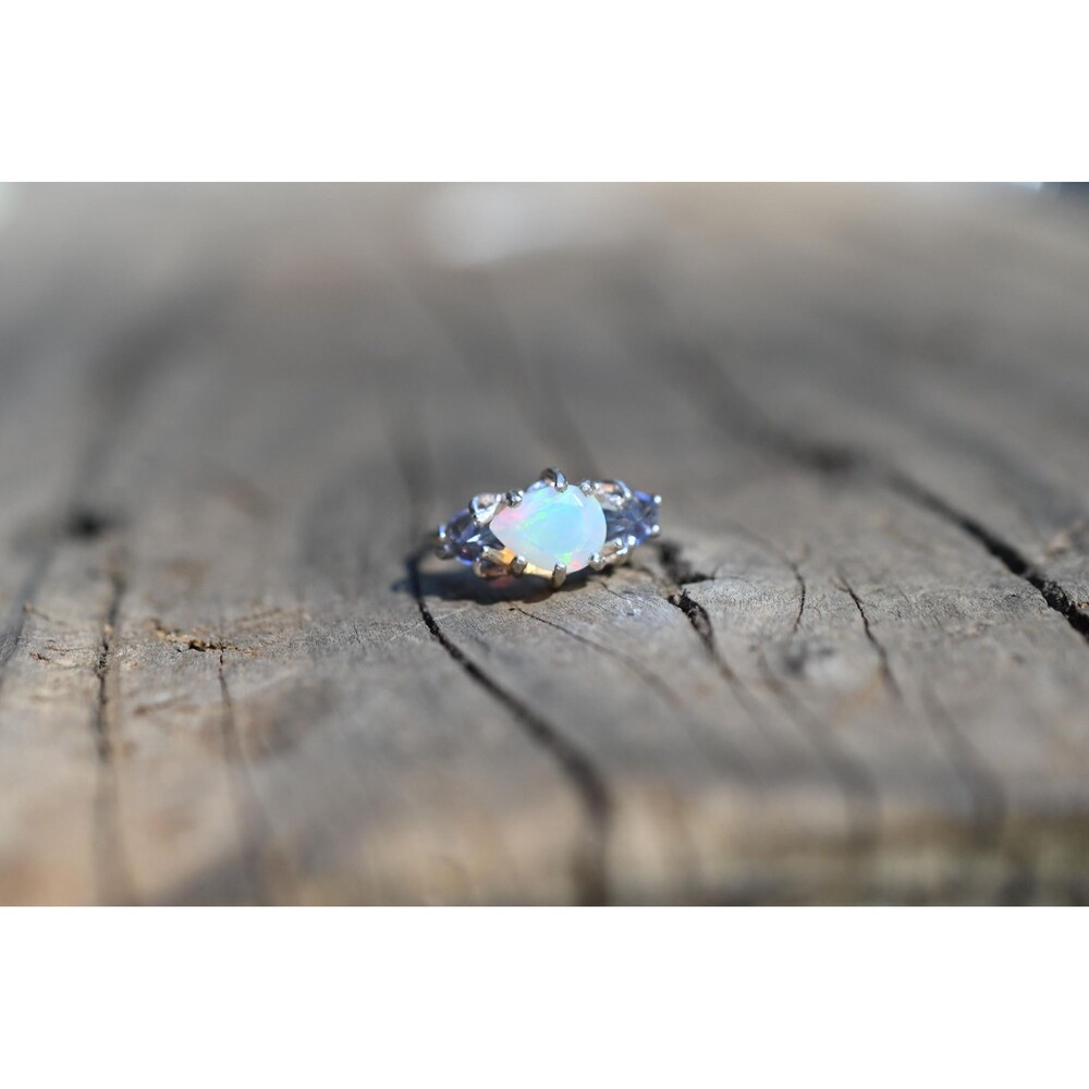 Ethiopian Opal and Tanzanite Ring Sterling Silver Oval Opal , October Birthstone